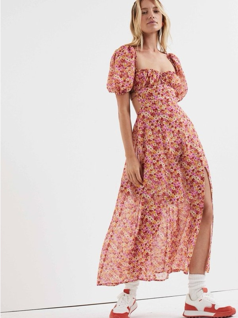 For Love and Lemons Felicia Midi Dress with Floral Puff-Sleeve Pink Size S